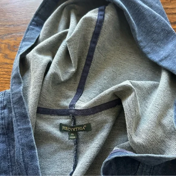 For Cynthia Blue Hooded Cotton Terry zip up sweater boho Tunic Jacket - Picture 7 of 11